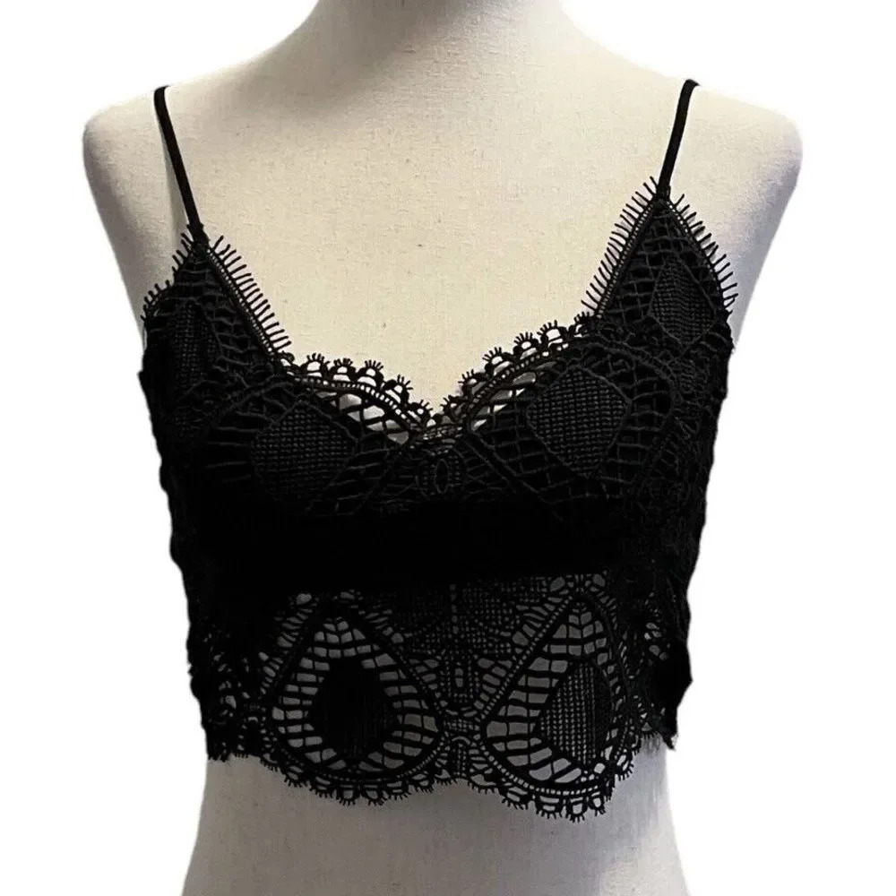 Anna Grace Floral Crochet Lace Spaghetti Strap Bralette Crop Bikini Top Small